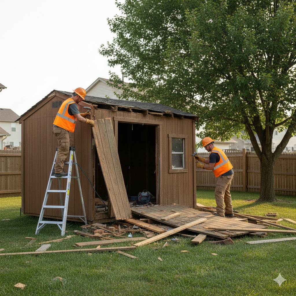 Demolition contractor tearing down a small shed structure in Saint Louis