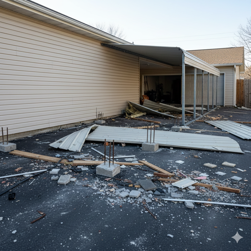 Structural demolition crew removing a residential carport structure
