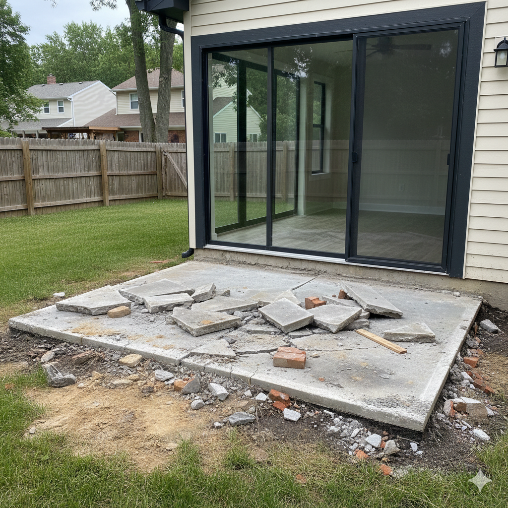 Worker breaking apart a concrete patio during structural demolition in Saint Louis