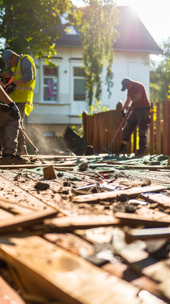 Workers dismantling a residential deck during professional deck demolition in Saint Louis