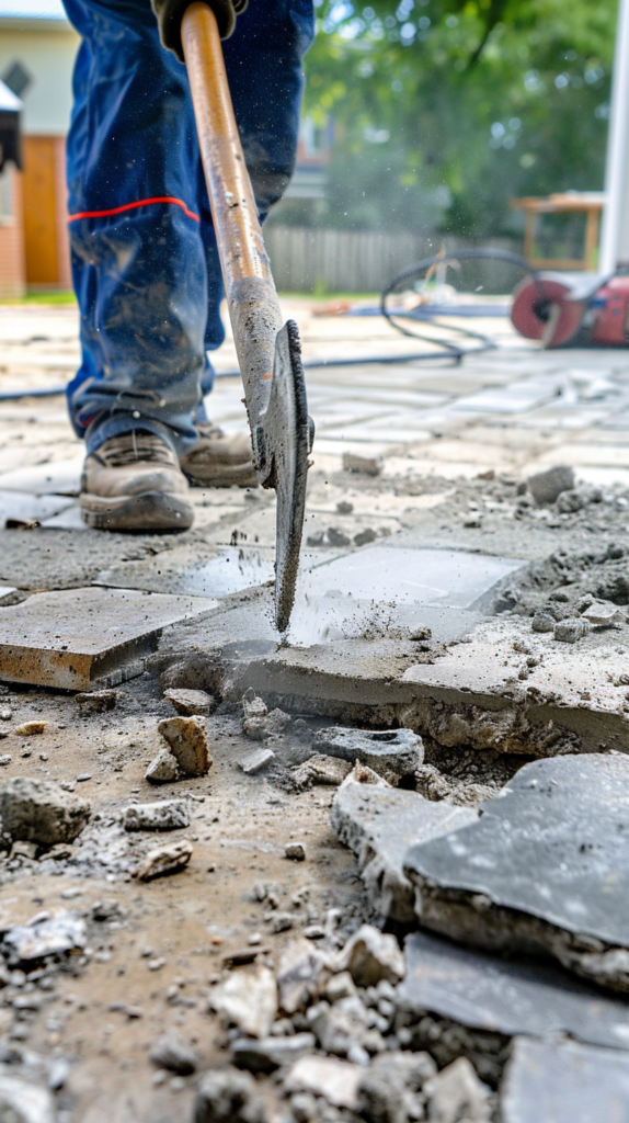 Workers breaking concrete patio during professional patio demolition in Saint Louis