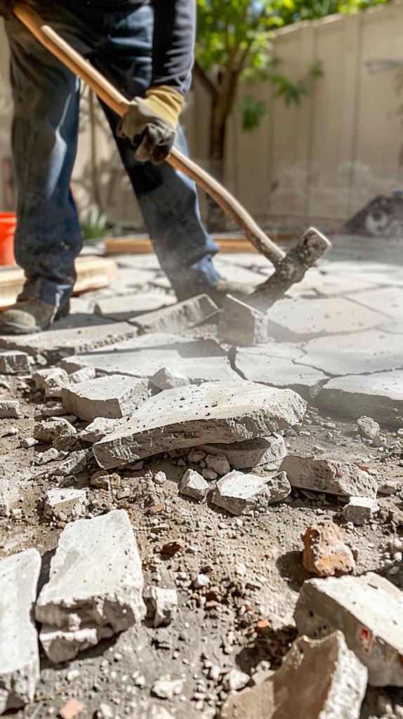 Workers breaking concrete patio during professional patio demolition in Saint Louis
